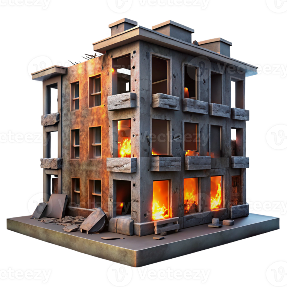 beautiful creative A dilapidated building with broken windows and graffiti-covered walls, illuminated by the orange glow of a burning fire in the distance. Dark, urban, and gritty style exclusive png