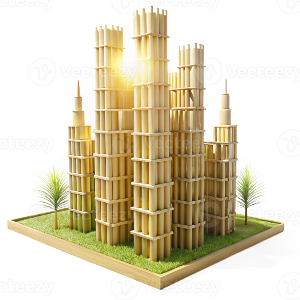 beautiful abstract A towering skyscraper made of bamboo, sustainable architecture style, sunlight high quality png