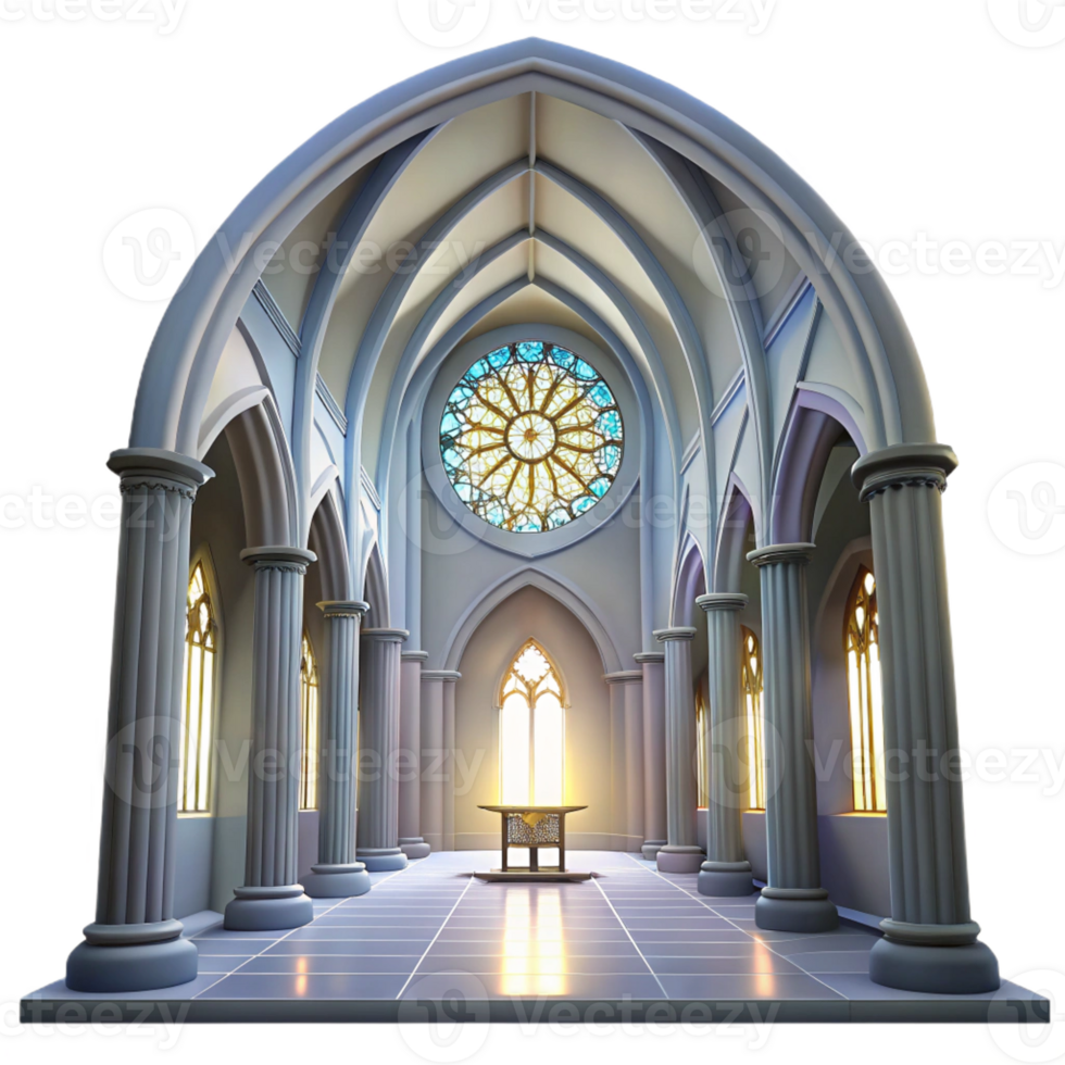 elegant abstract Gothic cathedral interior, stained glass rose window, shafts of light, ethereal atmosphere, hyperrealistic rendering, authentic png