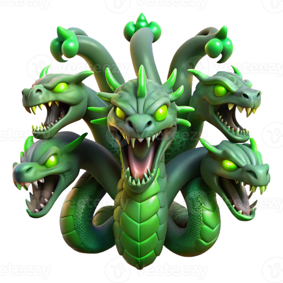 vibrant modern A powerful hydra with nine snarling heads, bathed in the eerie green glow of a swamp, dark fantasy art style exclusive png