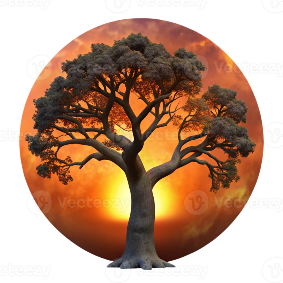 elegant contemporary A gnarled, ancient oak tree silhouetted against a fiery sunset, its branches reaching towards the sky. Dramatic lighting, painterly style genuine png
