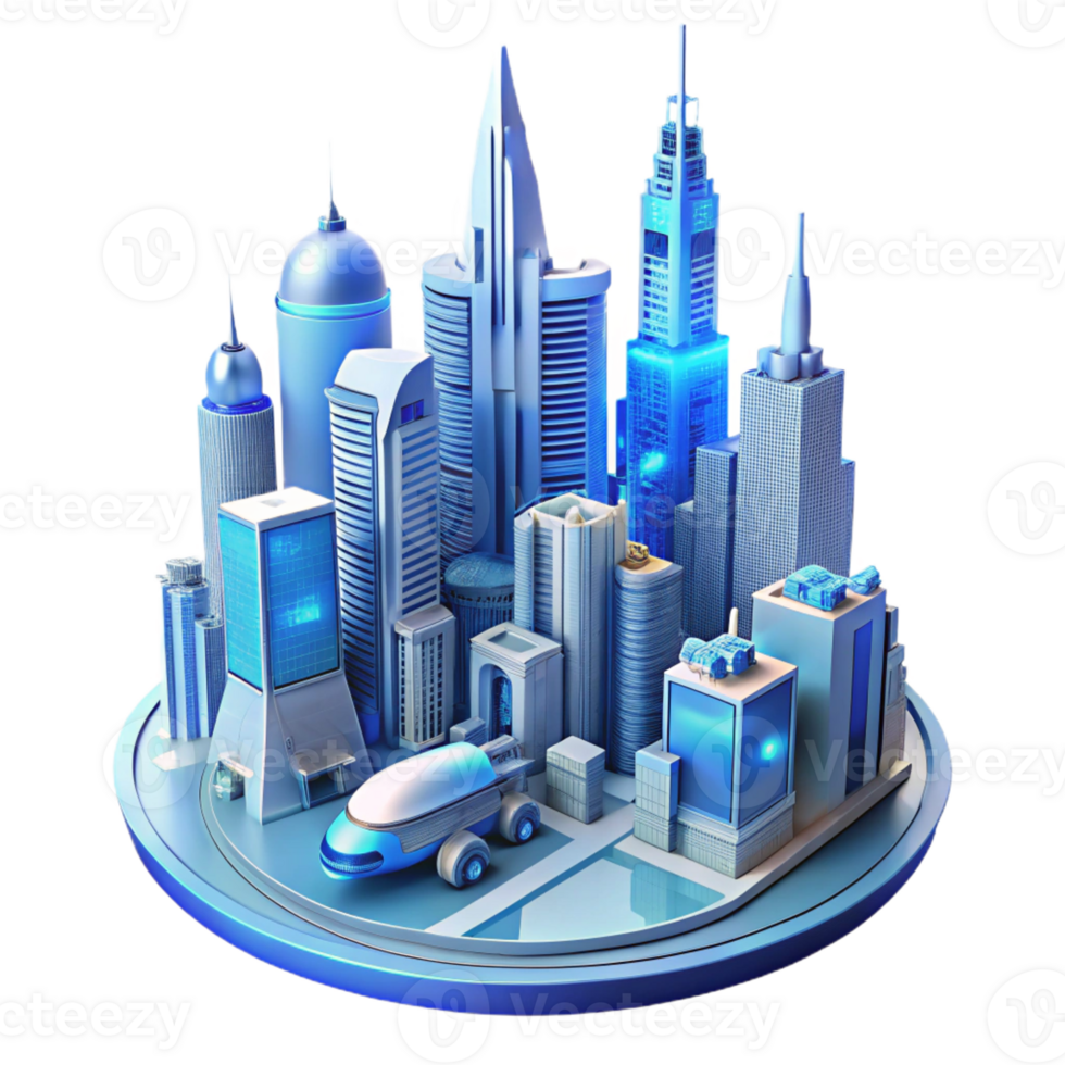 dramatic modern A futuristic cityscape with towering skyscrapers and flying vehicles, but devoid of human life, sterile and eerie, cool blue lighting high quality png