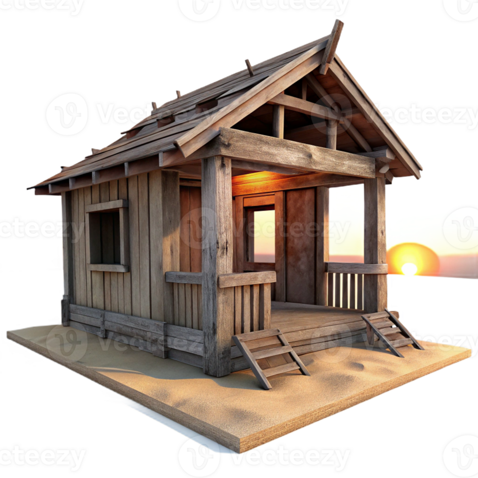 vibrant vintage A dilapidated wooden shack on a deserted beach, sunset lighting, weathered style high quality png