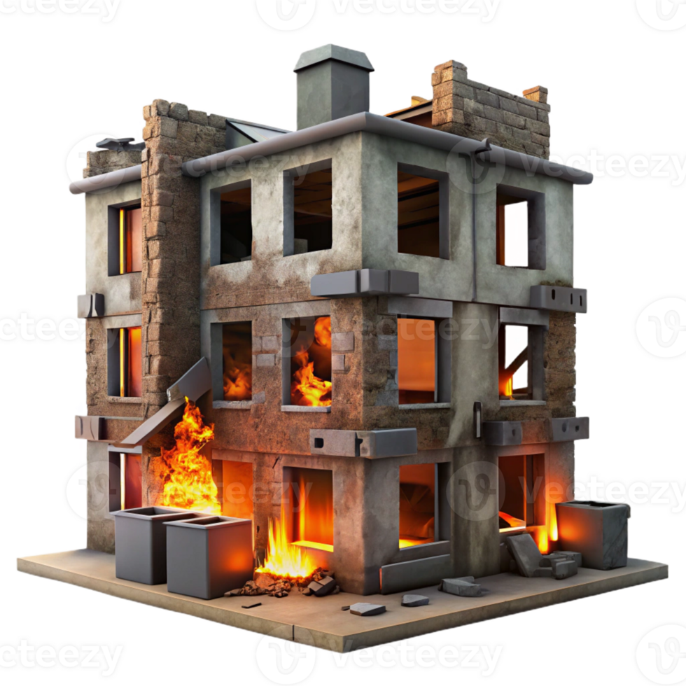 serene creative A dilapidated building with broken windows and graffiti-covered walls, illuminated by the orange glow of a burning fire in the distance. Dark, urban, and gritty style exclusive png
