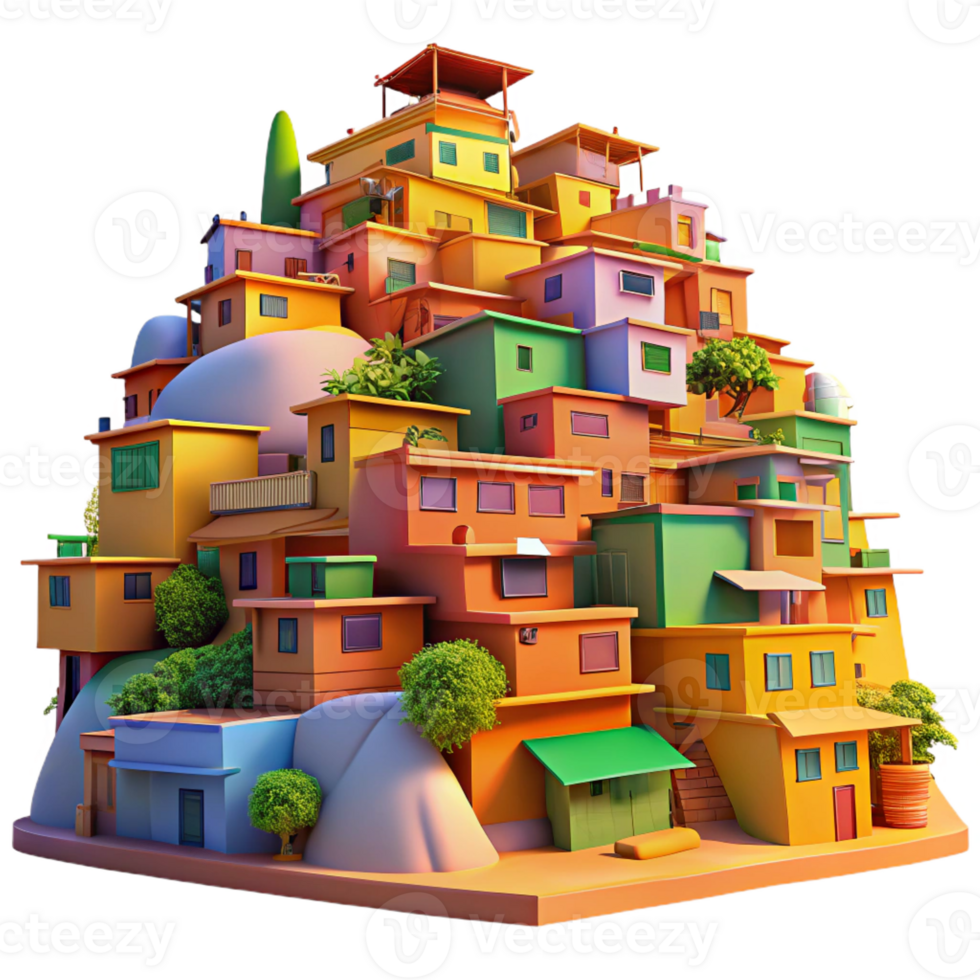 serene minimalist A vibrant, colorful favela built into a hillside, warm sunlight, vibrant style, painterly style genuine png