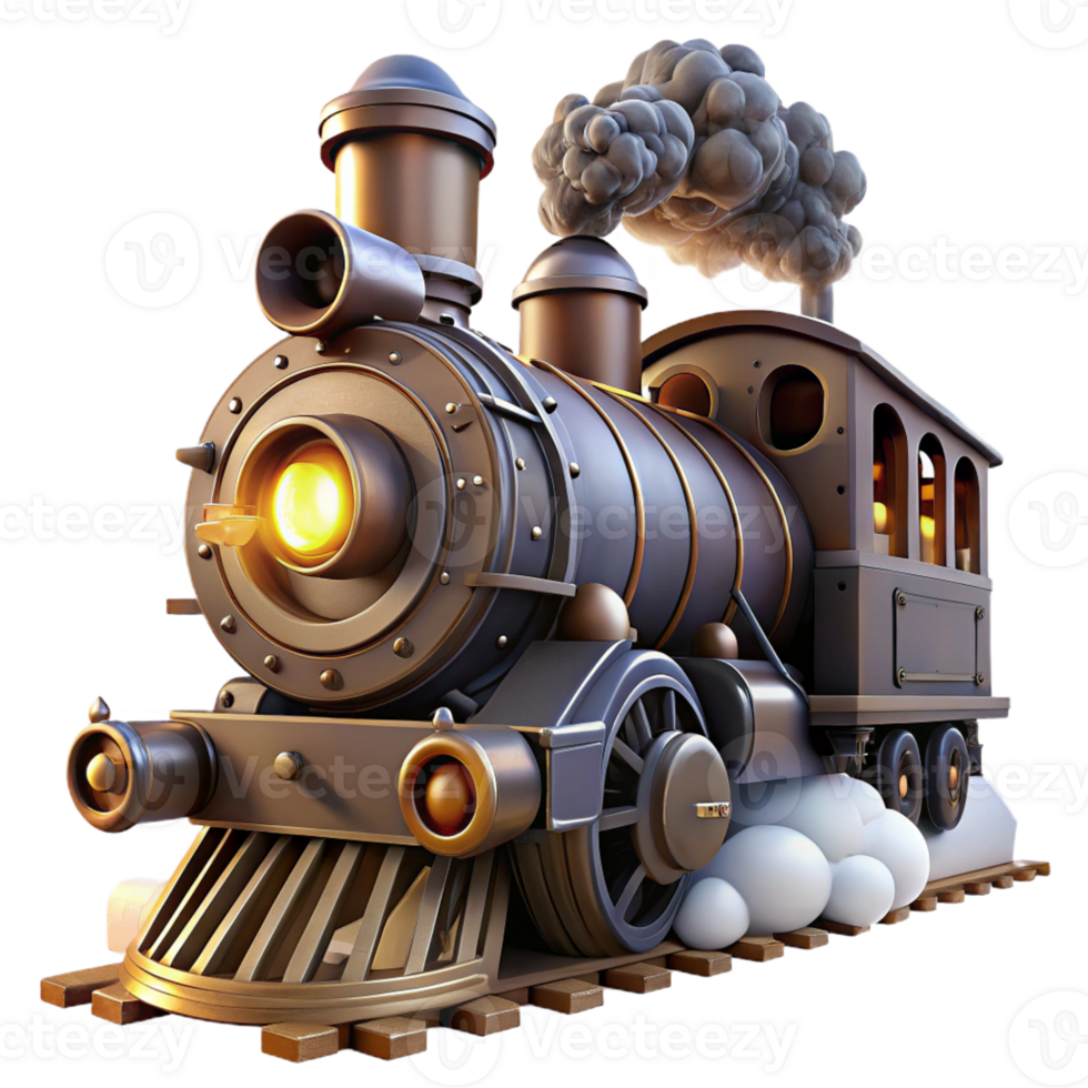 beautiful classic A powerful steampunk locomotive with massive pistons and billowing steam, speeding through a dark tunnel, dynamic lighting, concept art style genuine png