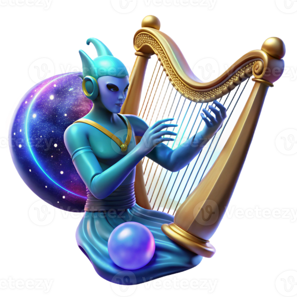 vibrant classic A celestial being playing a cosmic harp, the music creating ripples in spacetime. Fantasy, ethereal style genuine png
