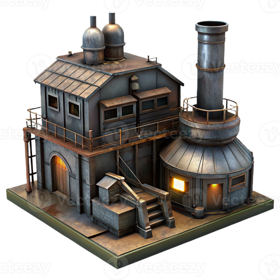 serene classic A decaying industrial factory, rusting metal, dim lighting, dystopian style 4K png
