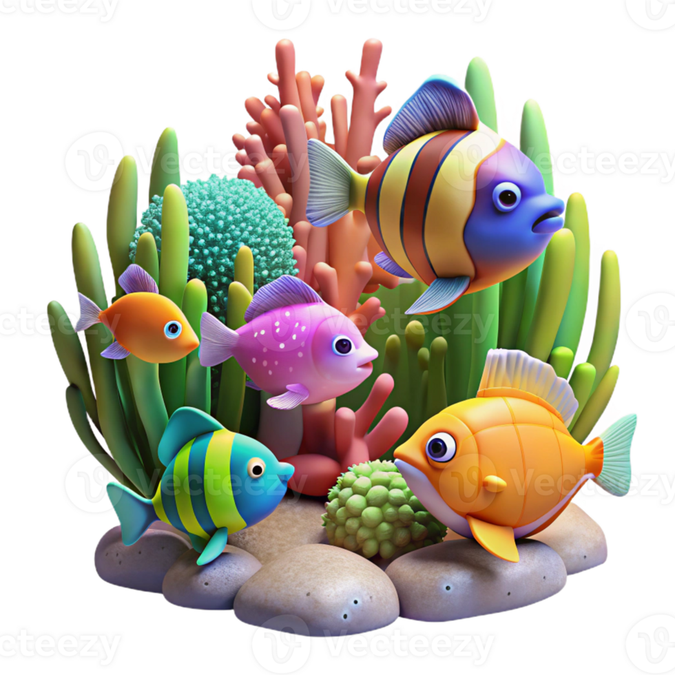 impressive minimalist A group of colorful fish swimming in a coral reef, illuminated by underwater sunlight. Underwater photography style detailed png