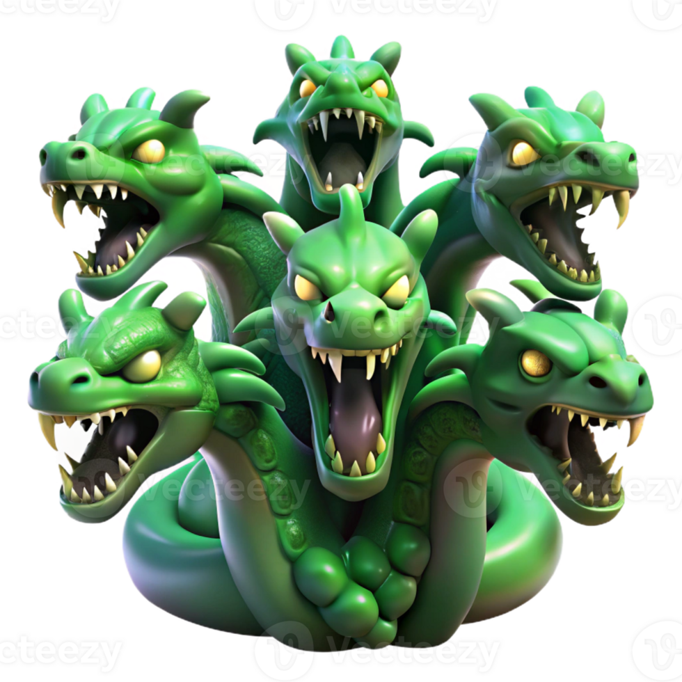 elegant artistic A powerful hydra with nine snarling heads, bathed in the eerie green glow of a swamp, dark fantasy art style detailed png