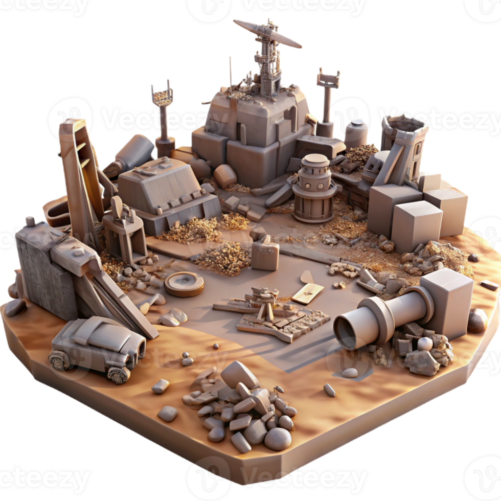 dramatic traditional A battlefield strewn with the wreckage of war machines. Desolate lighting, post-apocalyptic style professional png