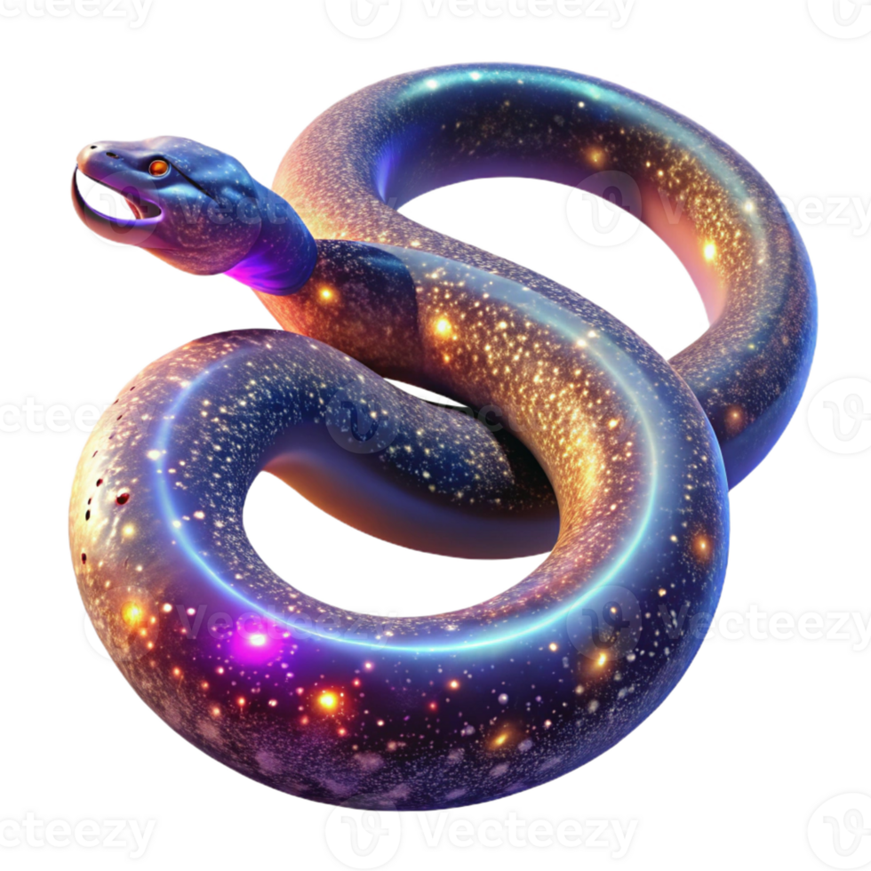beautiful contemporary A cosmic serpent devouring its own tail, forming a circle of stars and nebulae, bathed in the ethereal glow of a supernova, Cosmic Horror style high resolution png