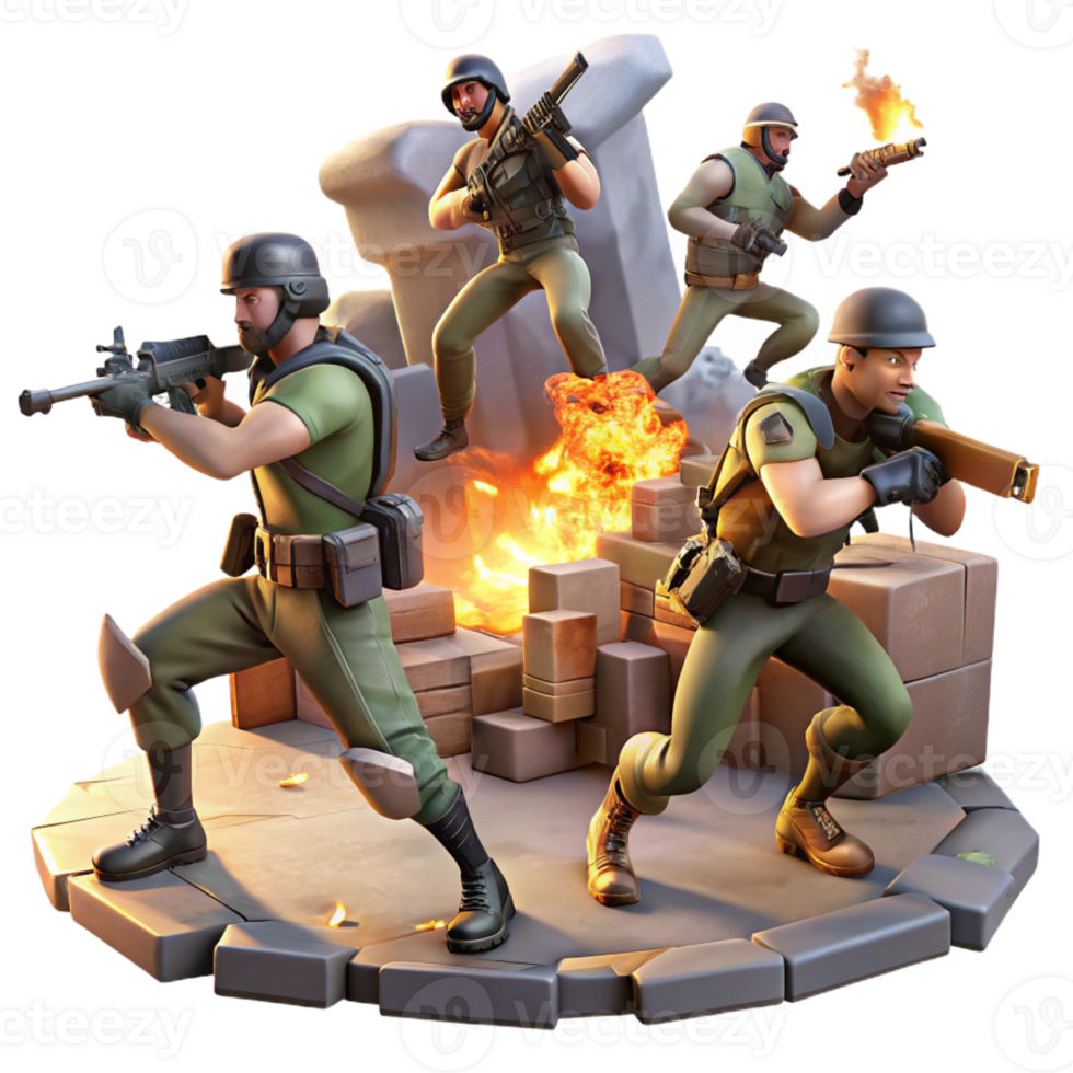 serene traditional A group of rebels fighting against heavily armed soldiers in a ruined marketplace, dynamic and action-packed, illuminated by explosions and muzzle flashes, professional png
