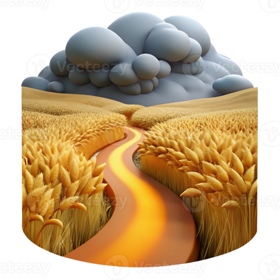 beautiful modern A winding dirt path through a field of tall, golden wheat, under a dramatic, stormy sky. Impressionist style high quality png