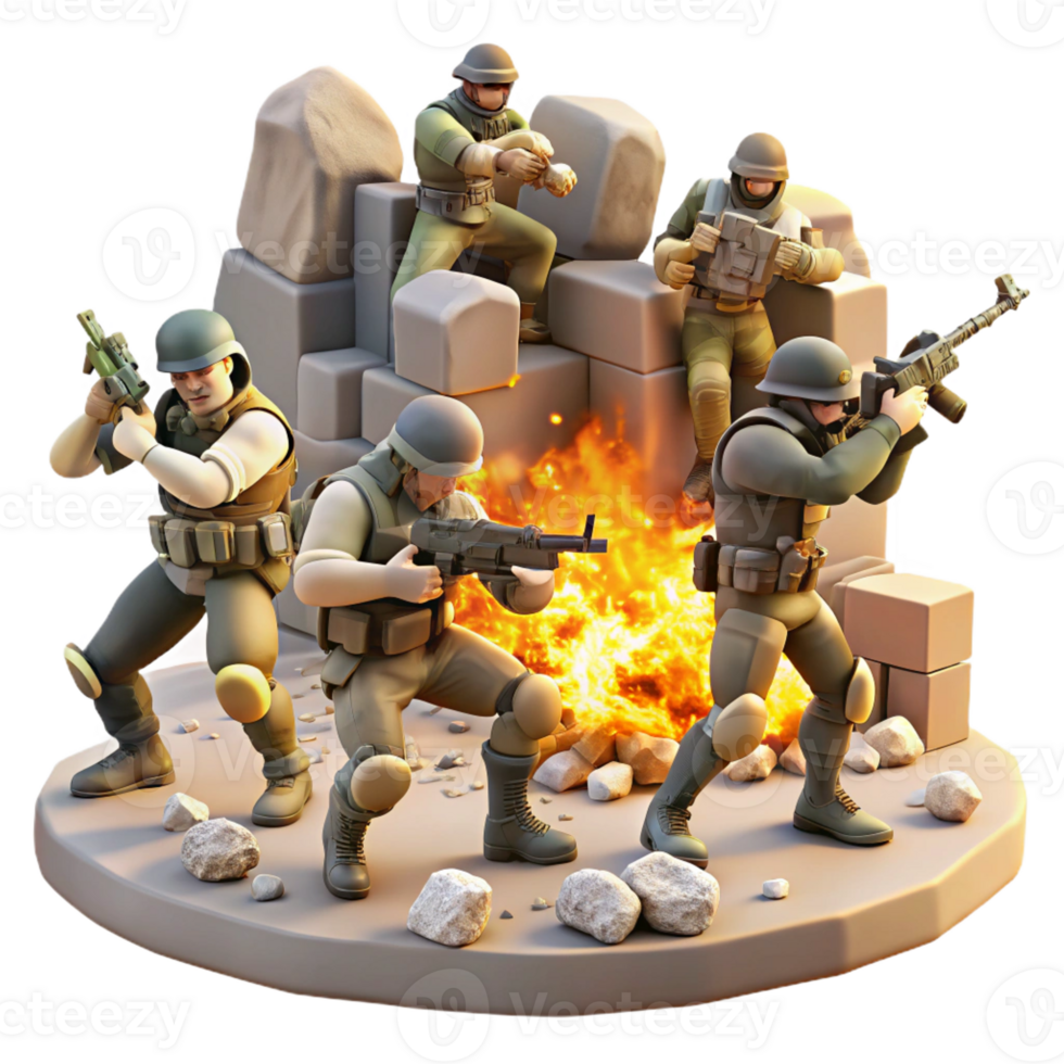 elegant traditional A group of rebels fighting against heavily armed soldiers in a ruined marketplace, dynamic and action-packed, illuminated by explosions and muzzle flashes, 4K png
