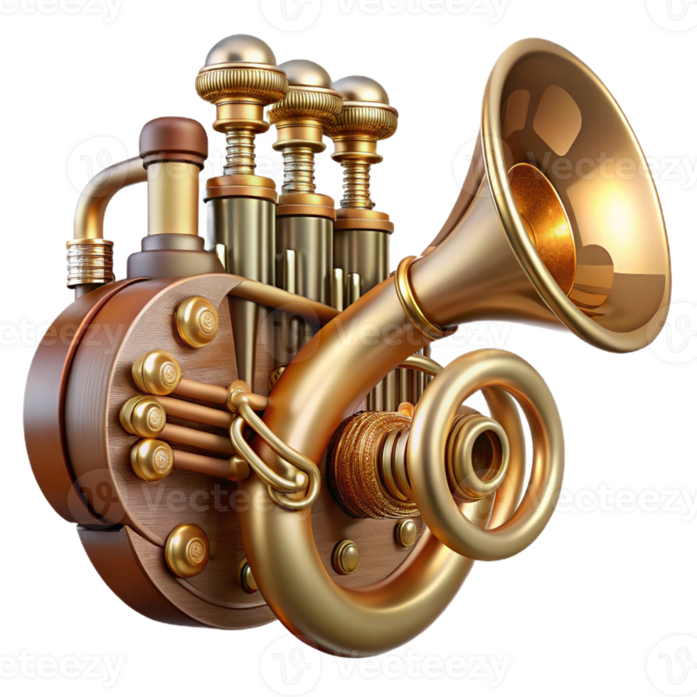 serene artistic A steampunk musical instrument, crafted from brass and wood, intricate keys and levers, dramatic spotlighting, Art Nouveau style professional png