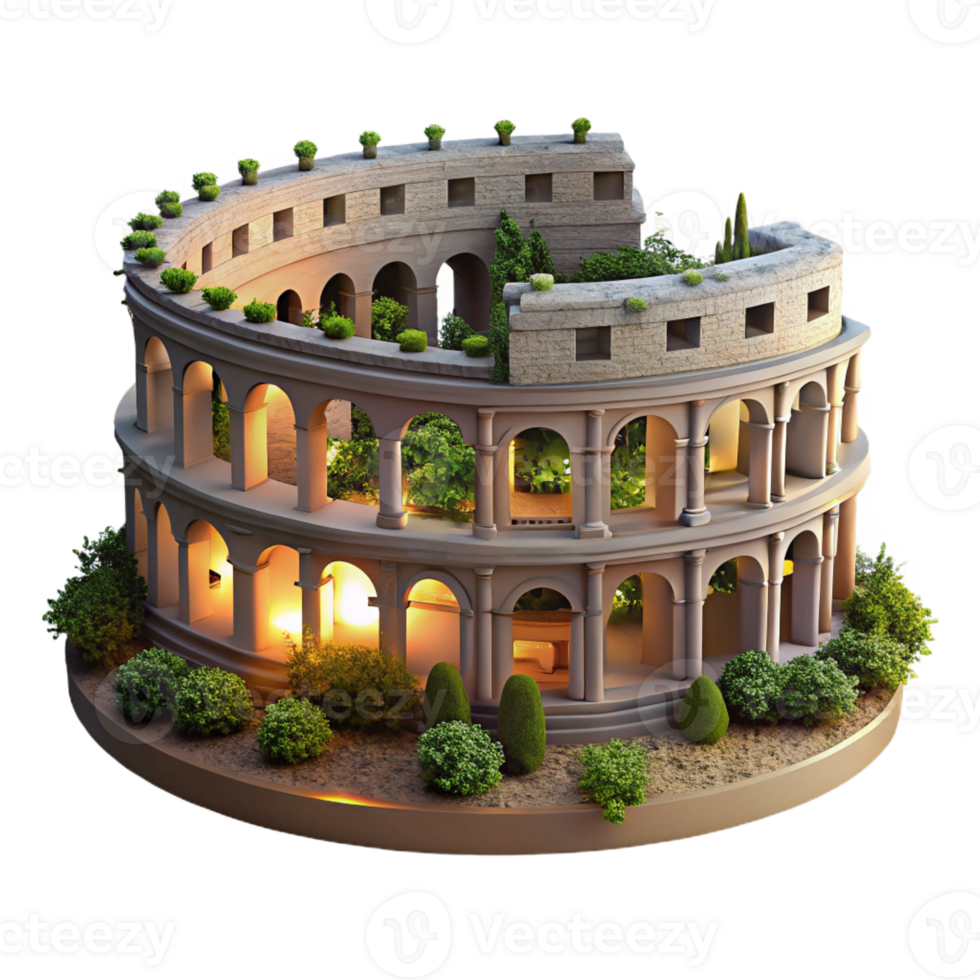 serene classic A crumbling ancient Roman amphitheater, overgrown with vegetation, golden hour light, historical style authentic png