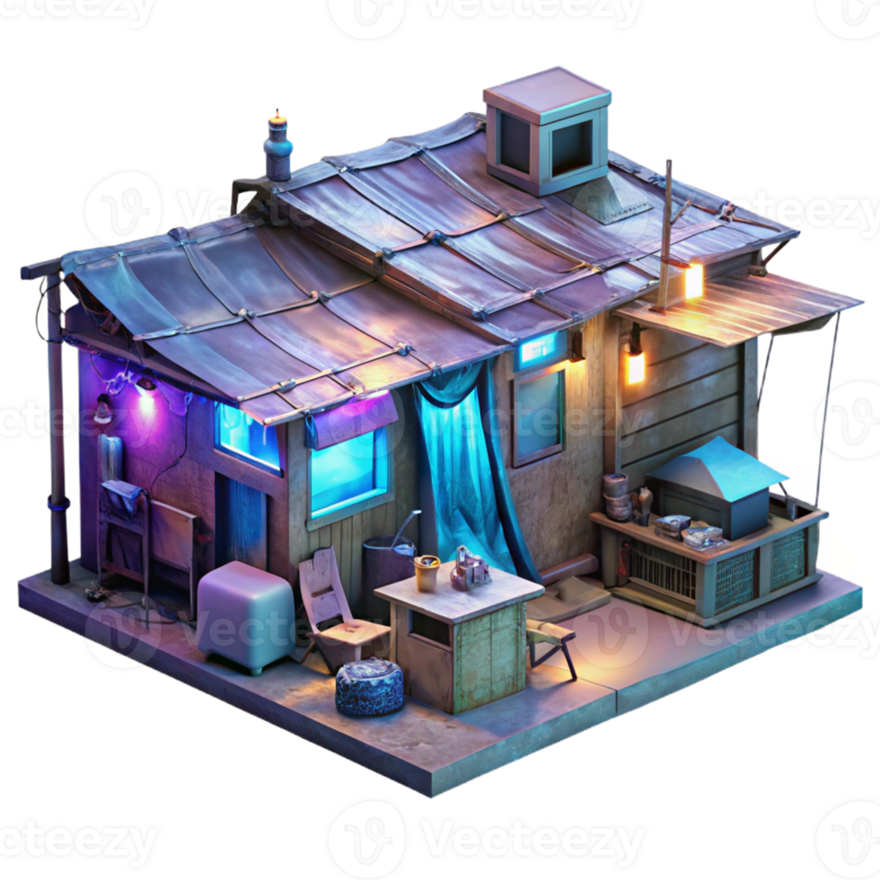 dramatic classic A futuristic slum filled with makeshift shelters and holographic advertisements, illuminated by flickering neon signs, cyberpunk and gritty, high resolution png