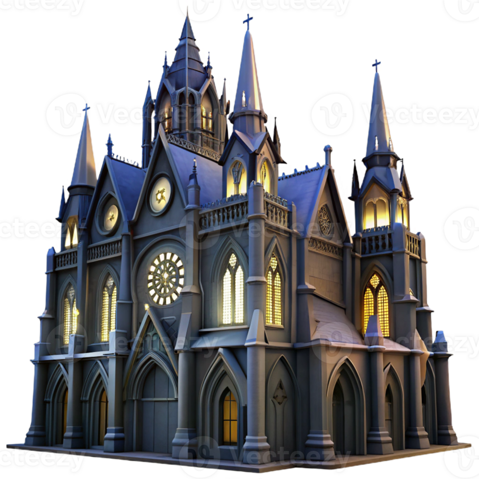 impressive abstract A towering Gothic cathedral, stained glass windows illuminated by moonlight, dramatic lighting, dark fantasy style authentic png