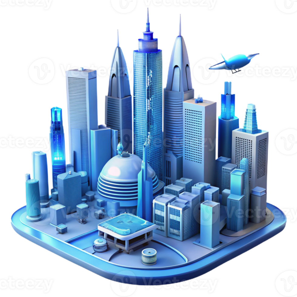 vibrant modern A futuristic cityscape with towering skyscrapers and flying vehicles, but devoid of human life, sterile and eerie, cool blue lighting 4K png