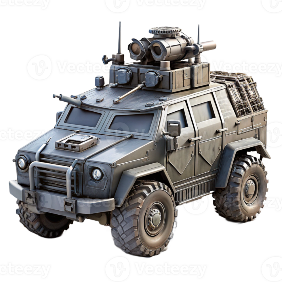 extraordinary abstract A heavily armored vehicle, bristling with weapons, patrolling a desolate wasteland. Gritty, military style, high contrast lighting high quality png