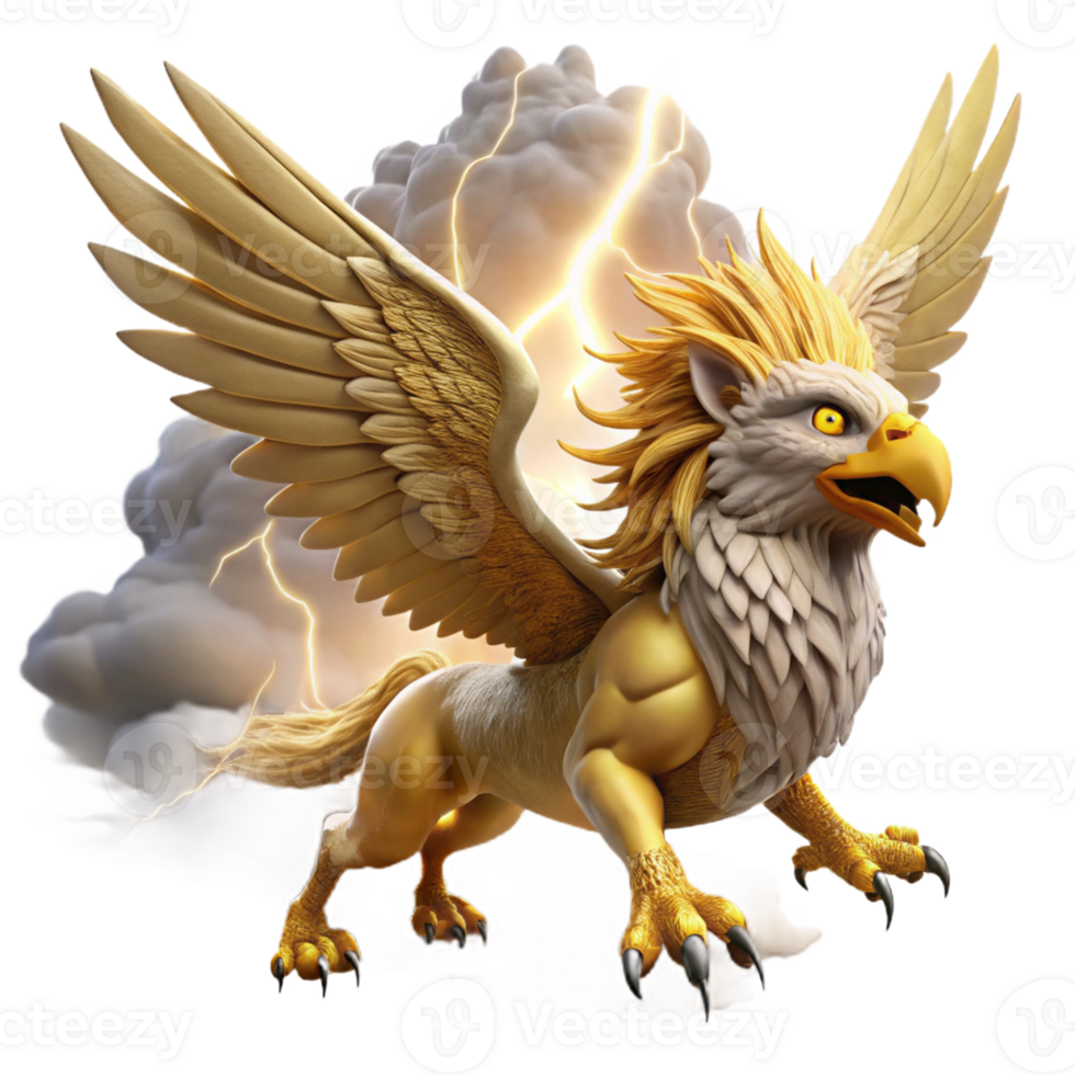 extraordinary contemporary A majestic griffin with golden feathers and piercing amber eyes, soaring through a storm-ridden sky, lightning illuminating its form, epic and dramatic style exclusive png