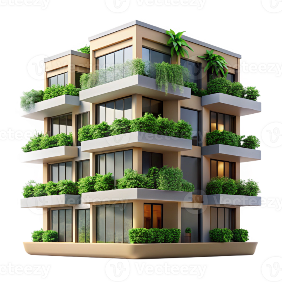 wonderful creative A modern apartment building with balconies overflowing with plants, urban jungle style, daylight detailed png