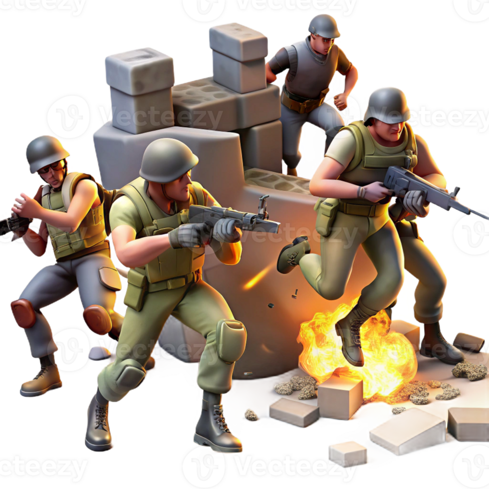 magnificent abstract A group of rebels fighting against heavily armed soldiers in a ruined marketplace, dynamic and action-packed, illuminated by explosions and muzzle flashes, high quality png