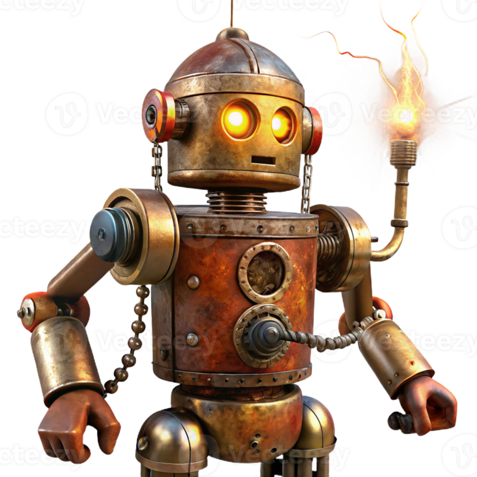 A rusty, steampunk robot with glowing amber eyes operating a complex lever-and-pulley system in a dimly lit workshop, sparks flying from exposed wires. Hyperrealistic style png