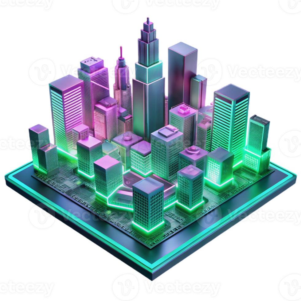stunning contemporary A futuristic city skyline built on interconnected circuit boards, glowing with neon pink and green lights, in a cyberpunk style 4K png