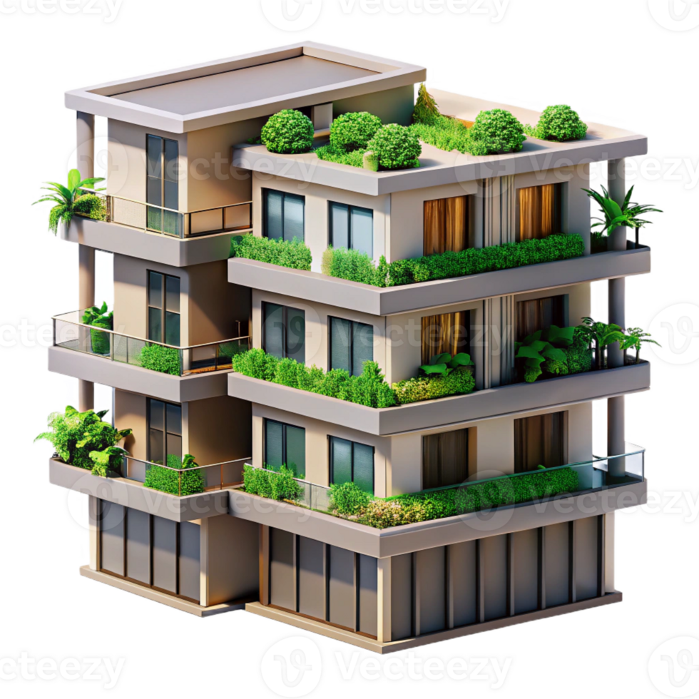 stunning rustic A modern apartment building with balconies overflowing with plants, urban jungle style, daylight detailed png