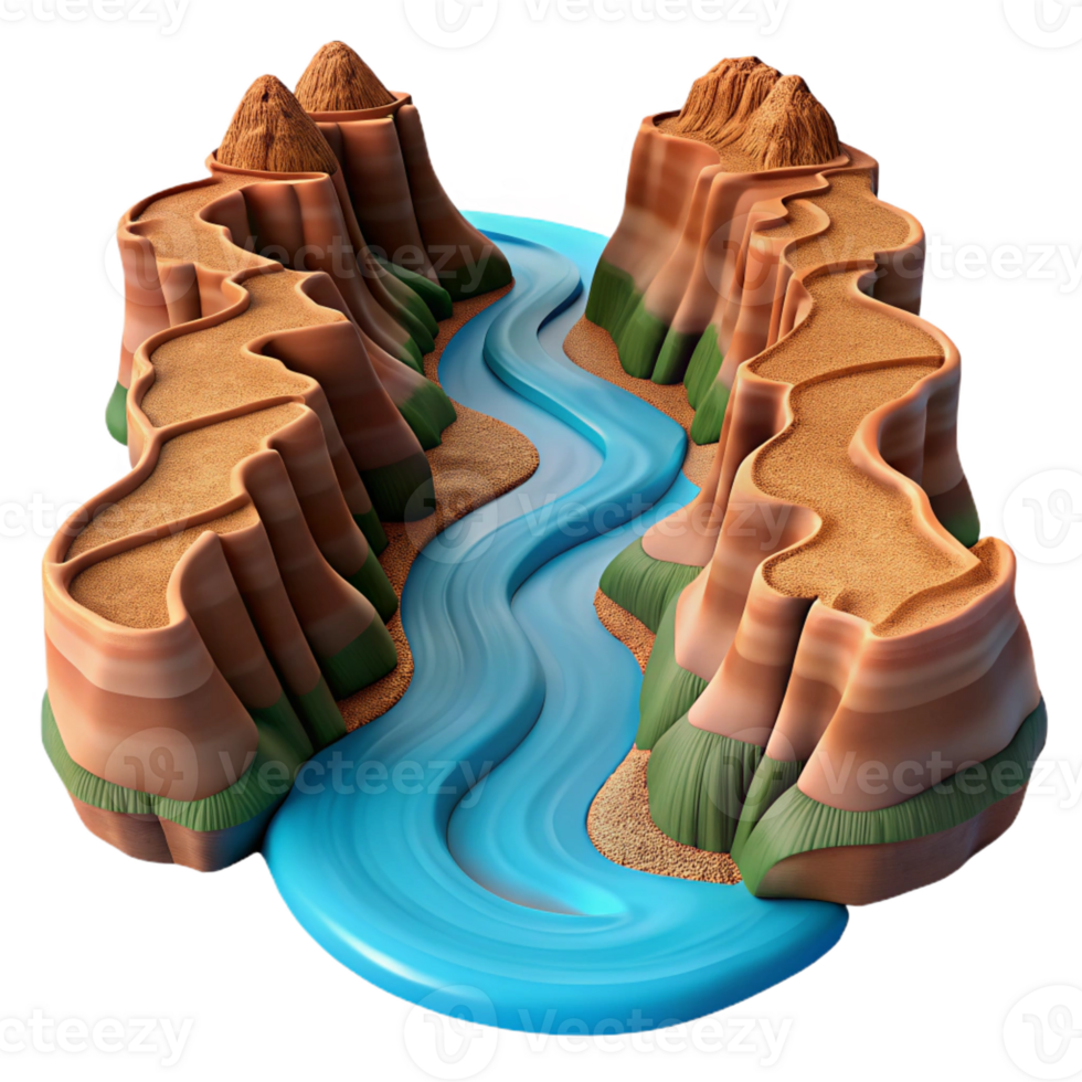 extraordinary artistic A winding river cutting through a canyon, aerial view, dramatic lighting, realistic rendering premium png