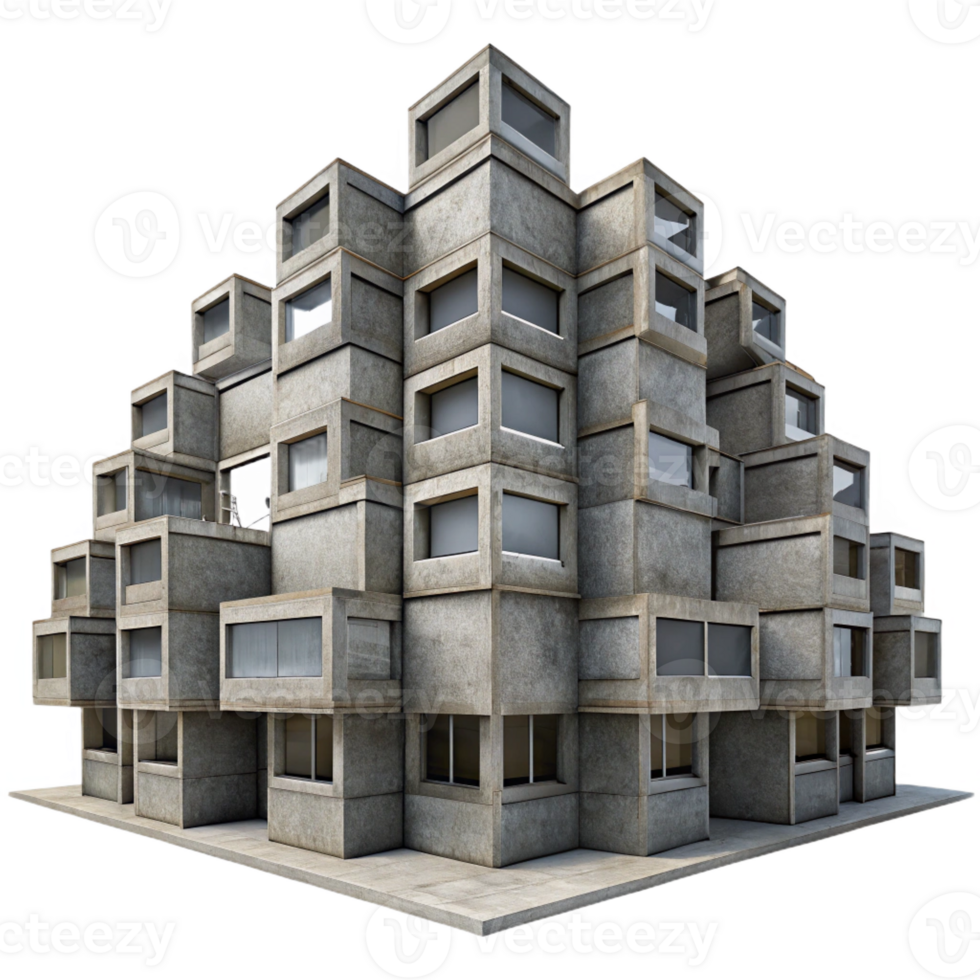 wonderful abstract Brutalist concrete apartment complex, repetitive modular units, overcast sky, gritty realism, wide-angle lens, detailed png