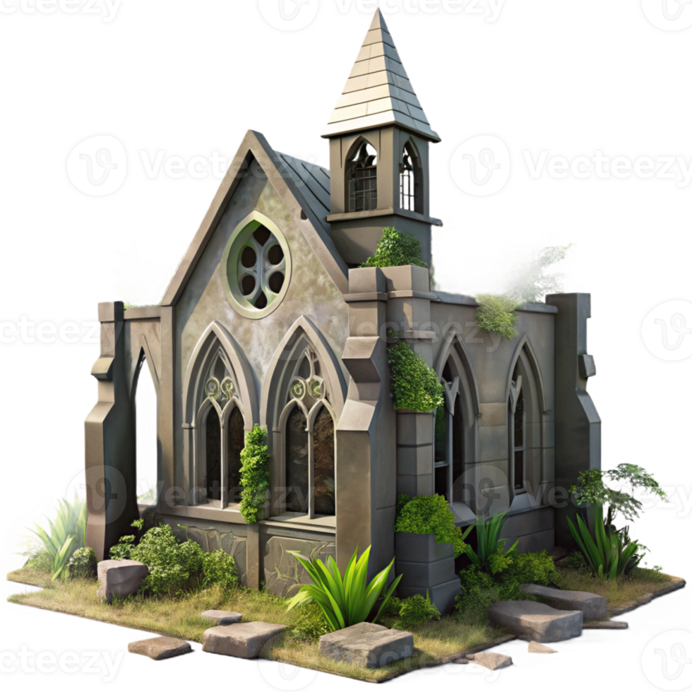 serene contemporary A dilapidated church, with its stained glass windows shattered, standing amidst a field of overgrown weeds. Melancholy, soft lighting, decay and ruin detailed png