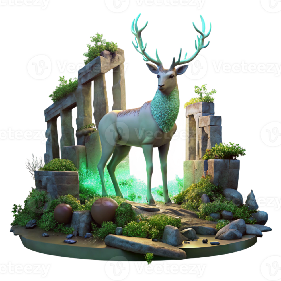 magnificent rustic A mutated, bioluminescent deer grazing on the overgrown ruins of a city park, with crumbling statues half-buried in the vegetation. Surreal, ethereal lighting, fantasy art style 4K png