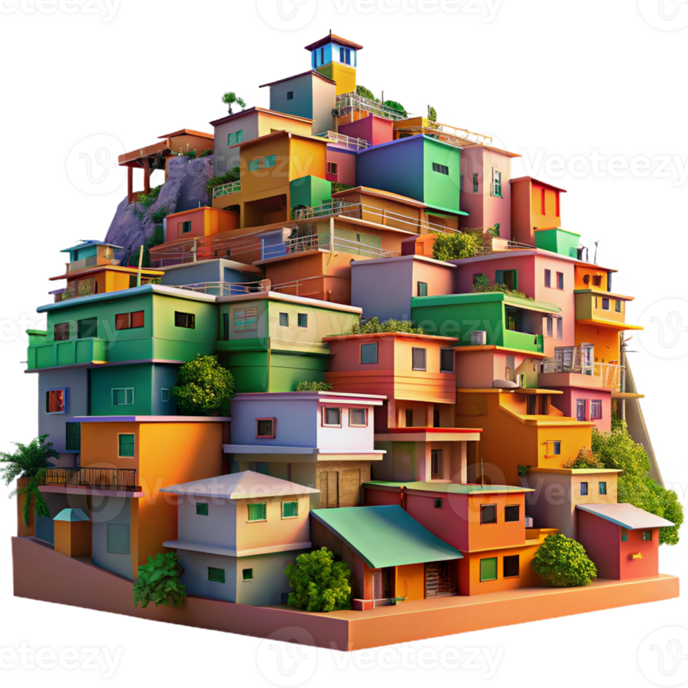 magnificent creative A vibrant, colorful favela built into a hillside, warm sunlight, vibrant style, painterly style genuine png