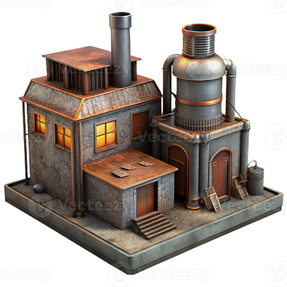 extraordinary creative A decaying industrial factory, rusting metal, dim lighting, dystopian style 4K png