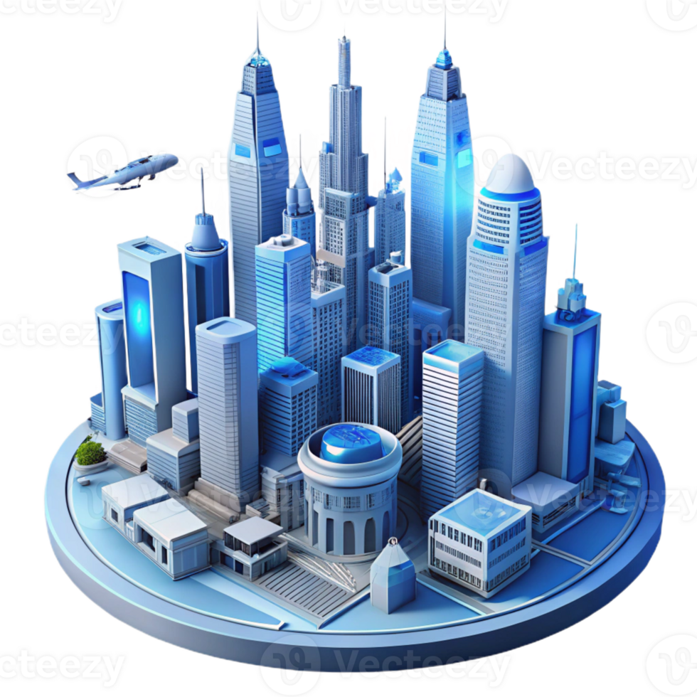 extraordinary contemporary A futuristic cityscape with towering skyscrapers and flying vehicles, but devoid of human life, sterile and eerie, cool blue lighting genuine png