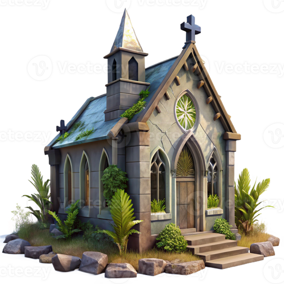 wonderful modern A dilapidated church, with its stained glass windows shattered, standing amidst a field of overgrown weeds. Melancholy, soft lighting, decay and ruin genuine png