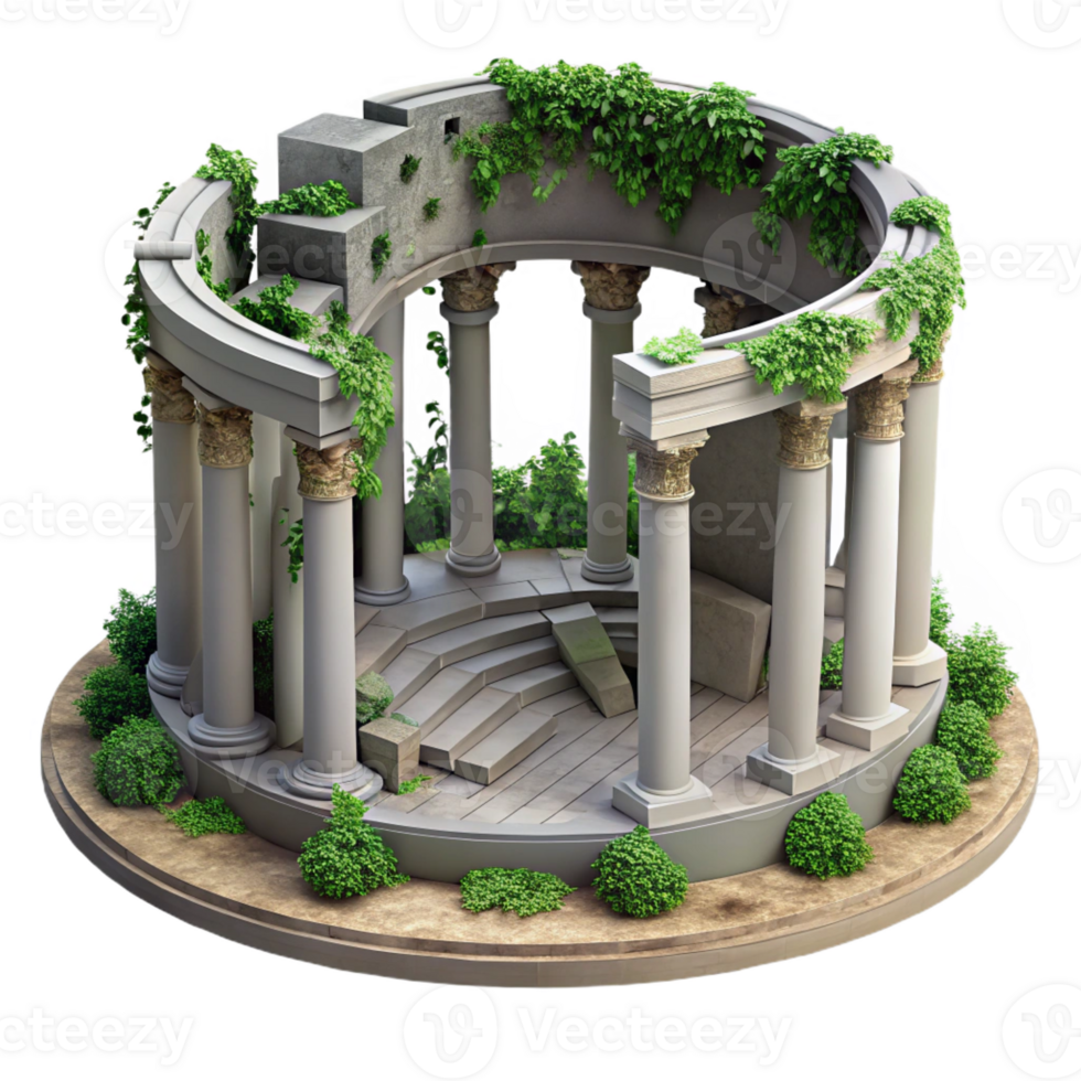 elegant traditional Ruined amphitheater, overgrown with ivy, remnants of ancient civilization, historical and evocative style high resolution png