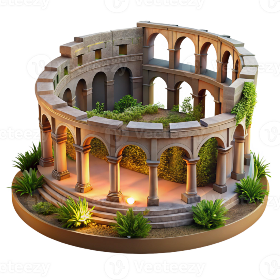 elegant abstract A crumbling ancient Roman amphitheater, overgrown with vegetation, golden hour light, historical style professional png
