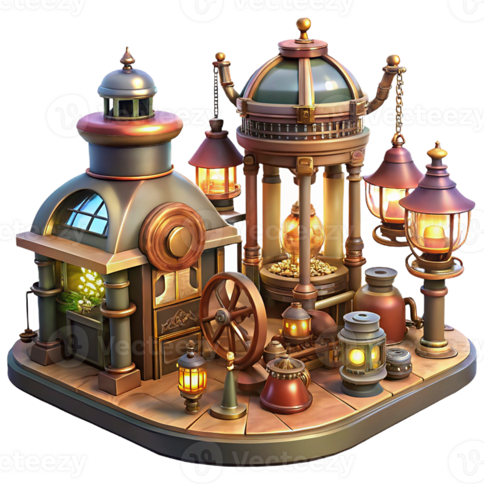 wonderful creative A bustling steampunk marketplace filled with intricate gadgets and eccentric characters, bathed in the warm glow of gas lamps, art deco style premium png