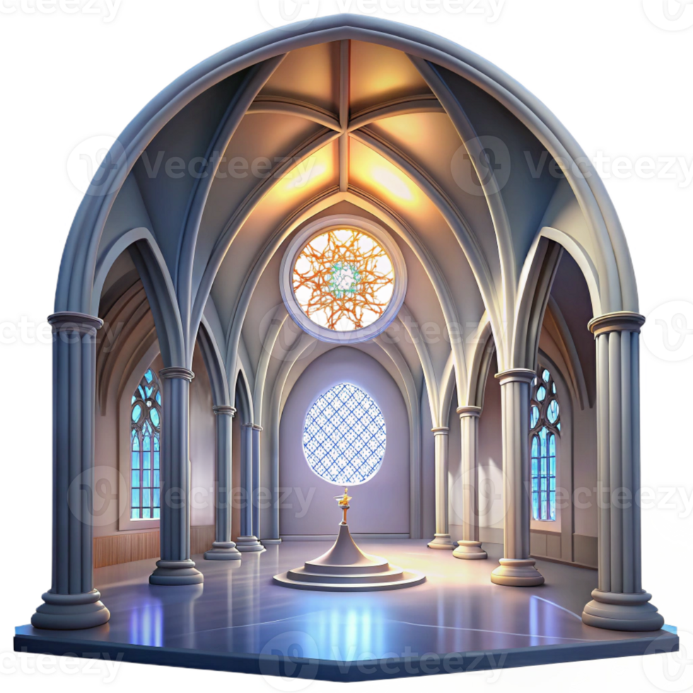 dramatic classic Gothic cathedral interior, stained glass rose window, shafts of light, ethereal atmosphere, hyperrealistic rendering, premium png