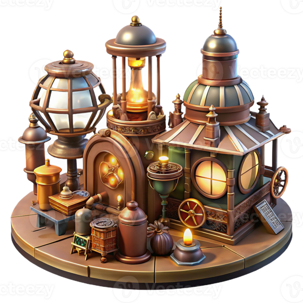 vibrant classic A bustling steampunk marketplace filled with intricate gadgets and eccentric characters, bathed in the warm glow of gas lamps, art deco style high resolution png