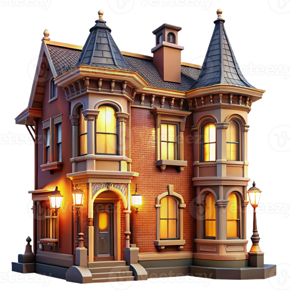 elegant creative Victorian townhouse, ornate brickwork, bay window, gaslight glow, vintage photograph style, original png