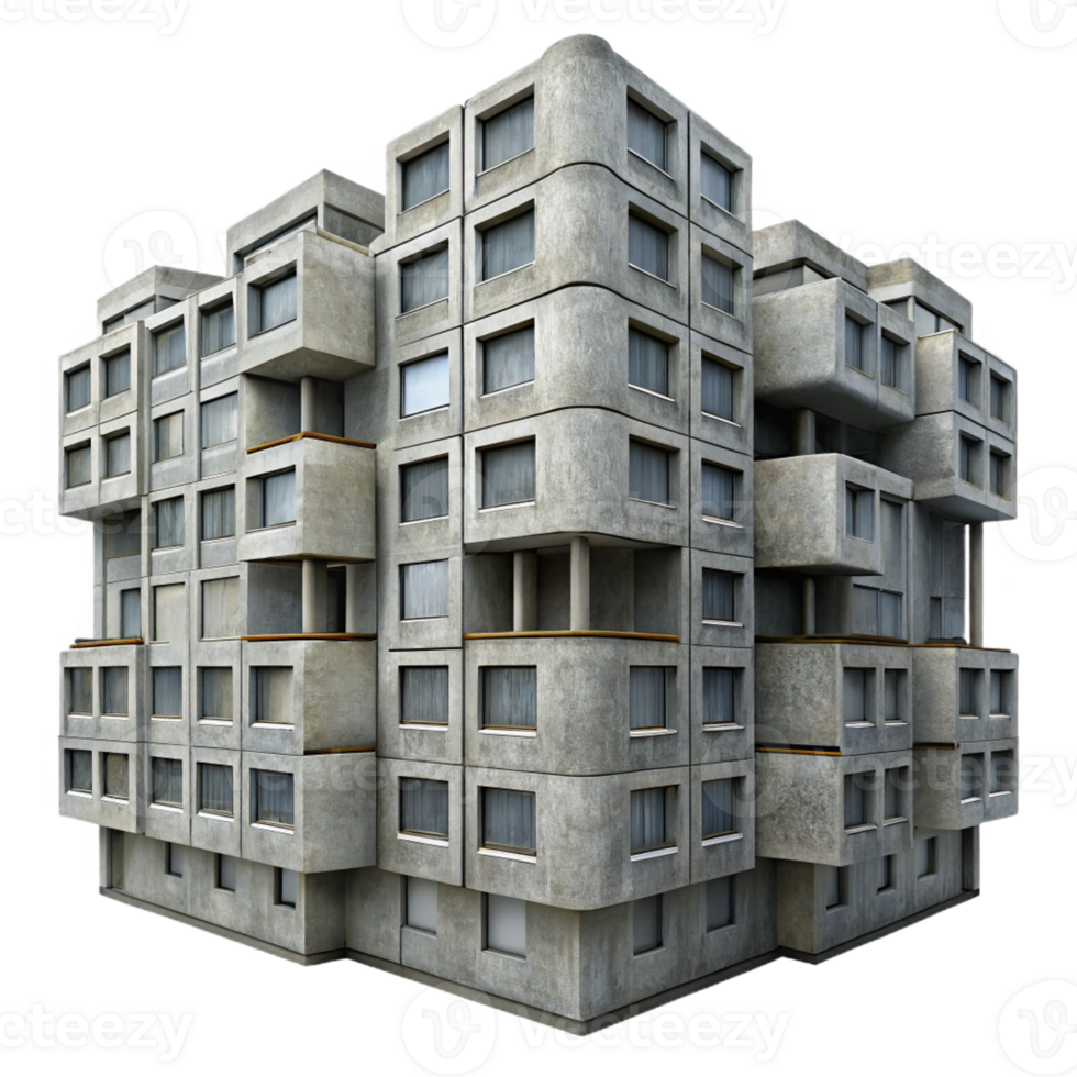 stunning modern Brutalist concrete apartment complex, repetitive modular units, overcast sky, gritty realism, wide-angle lens, premium png