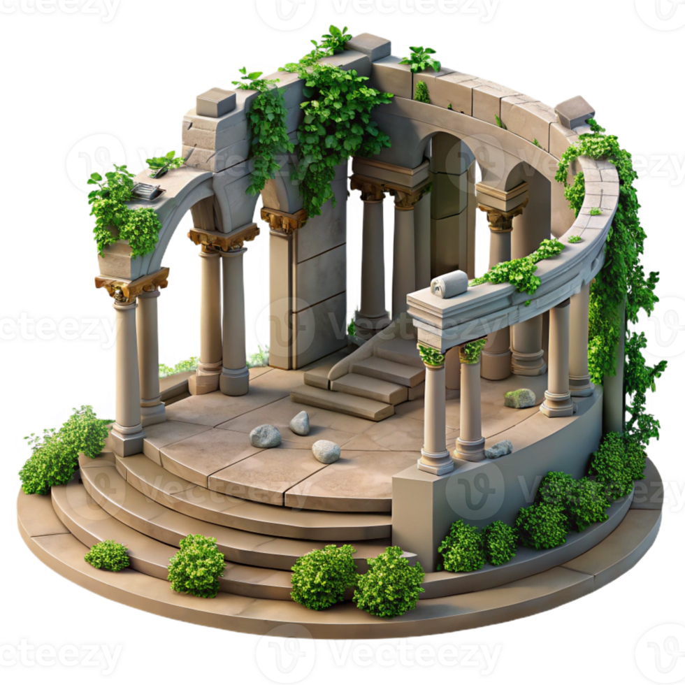 elegant traditional Ruined amphitheater, overgrown with ivy, remnants of ancient civilization, historical and evocative style original png