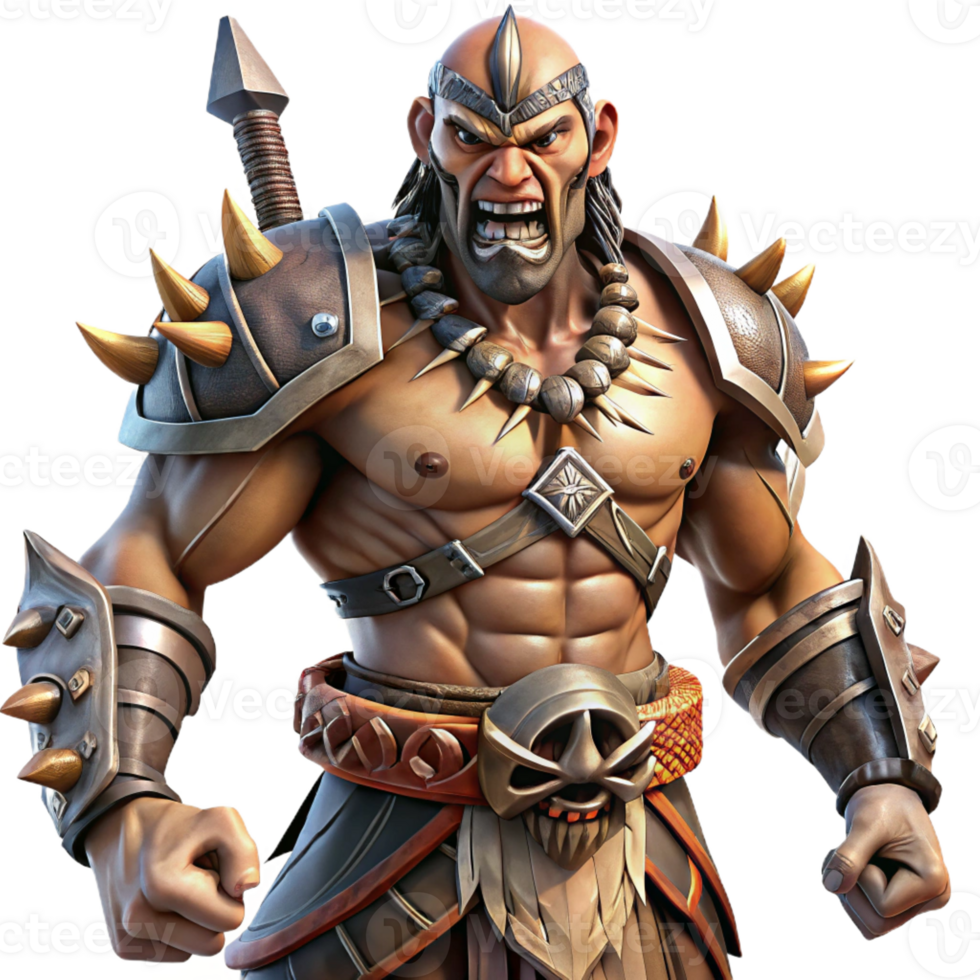 vibrant traditional A powerful warrior with intricate tribal tattoos and a fierce expression wields a massive warhammer. Dynamic, battlefield lighting, fantasy anime style premium png