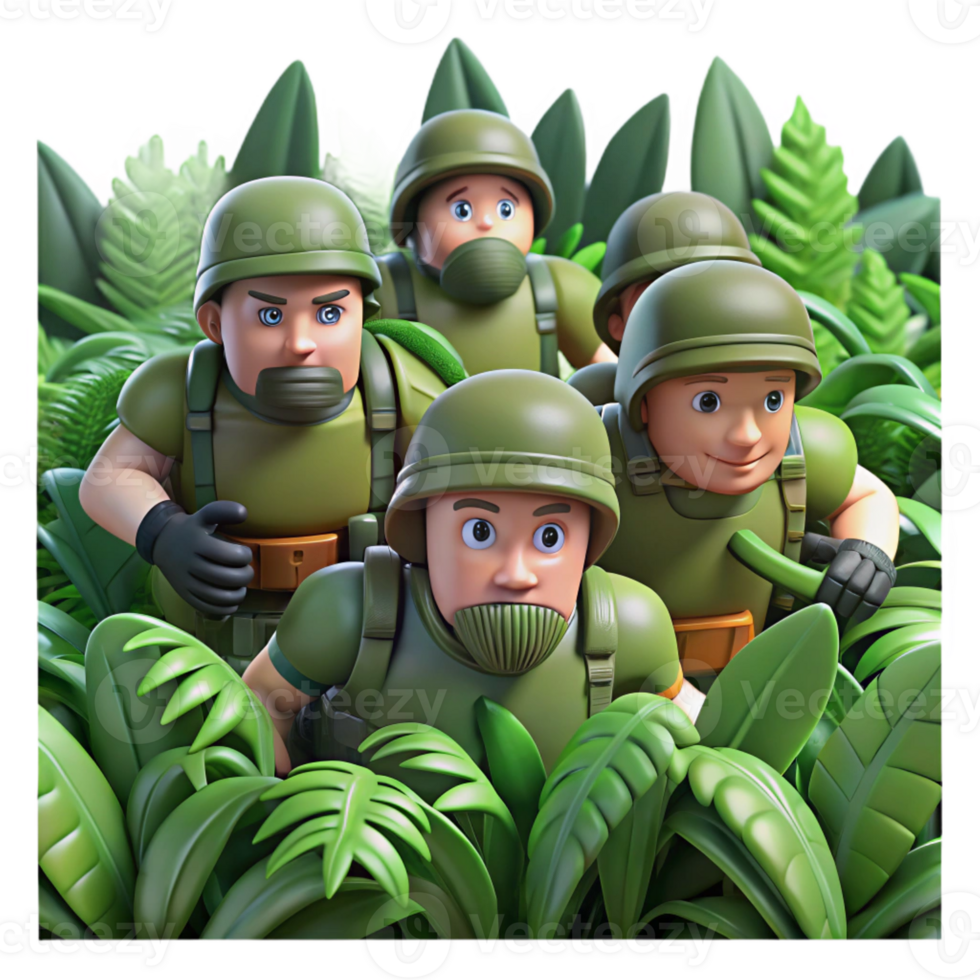 serene rustic A group of soldiers advances through a dense jungle, their faces tense with anticipation. Claustrophobic composition, survival horror style detailed png