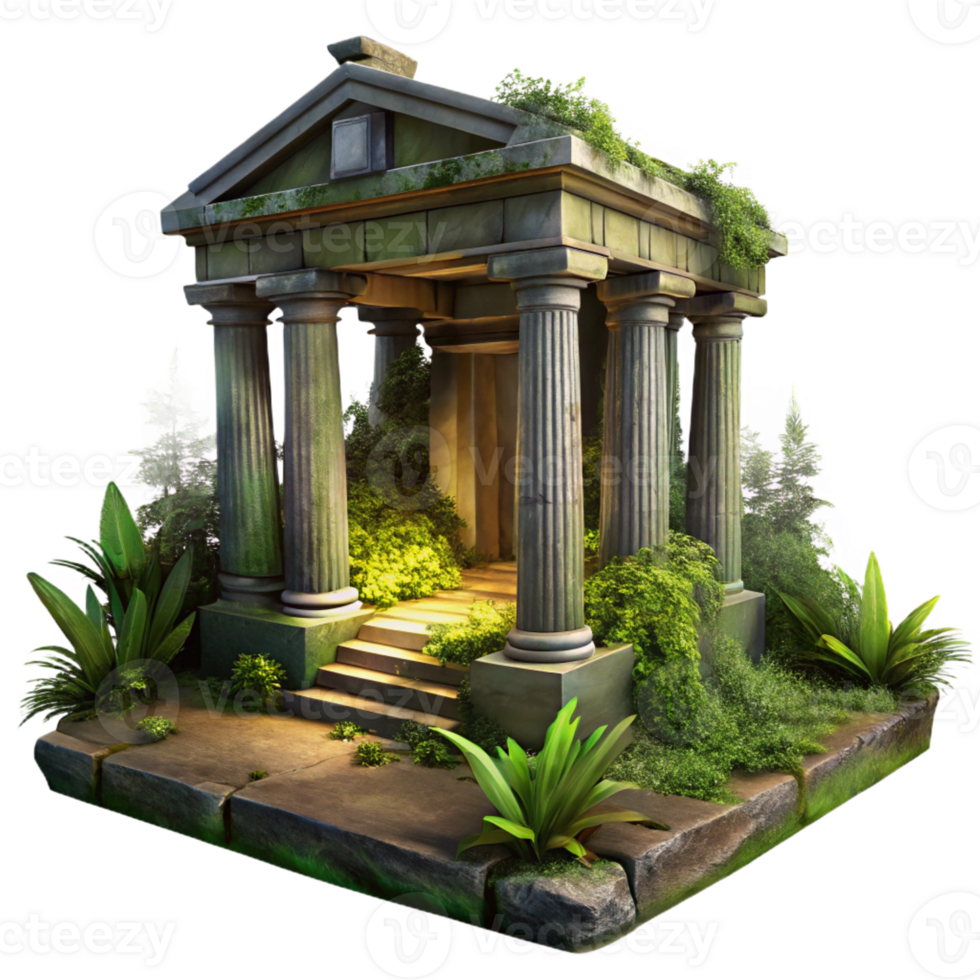 magnificent artistic Ruined ancient temple, overgrown with vegetation, dramatic lighting, mysterious atmosphere, digital painting exclusive png